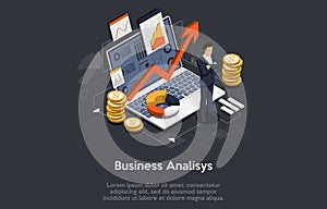 Isometric business analysis and planning, consulting, team work, project management, financial report and strategy