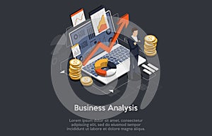 Isometric business analysis and planning, consulting, team work, project management, financial report and strategy