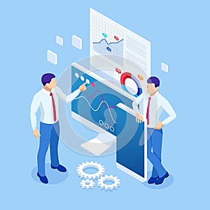 Isometric business analytics and financial technology, data visualization concept. Business Analytics technology using