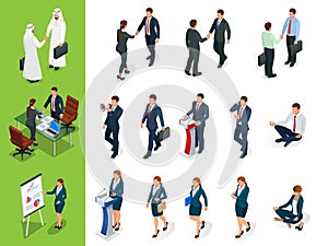 Isometric Business characters poses. Handshake. Set of Businessmans, Businesswomans and Arab Mans on white background