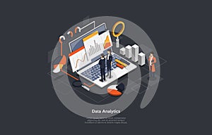 Isometric Business data analytics process management or intelligence dashboard.