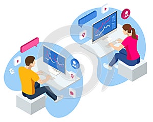 Isometric Business data analytics process management on virtual screen showing sales and operations data statistics photo