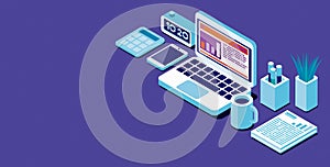 Isometric business desktop with laptop and stationery