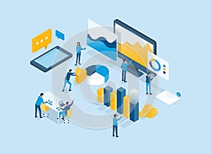 Isometric business finance investment team analysis report graph on monitor dashboard concept and business team working