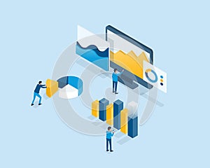 Isometric business finance investment team analysis report graph on monitor dashboard concept and business team working