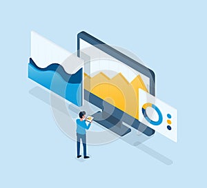 Isometric business finance investment team analysis report graph on monitor dashboard concept and business team working