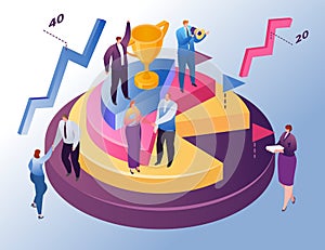 Isometric business graph, vector illustration, tiny flat man woman character stand at round chart with trophy, finance