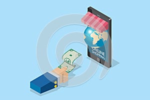 Isometric business hand holding banknote with smartphone and world globe, technology and business concept
