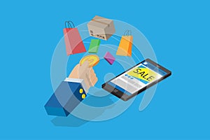 Isometric business hand holding coin with bags and boxes, shopping online and business concept