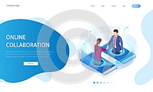 Isometric business handshake, global online collaboration, team collaboration, social network, and headhunting concept