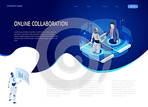 Isometric business handshake, global online collaboration, team collaboration, social network, and headhunting concept