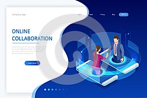 Isometric business handshake, global online collaboration, team collaboration, social network, and headhunting concept