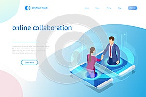 Isometric business handshake, global online collaboration, team collaboration, social network, and headhunting concept