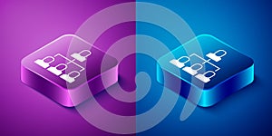Isometric Business hierarchy organogram chart infographics icon isolated on blue and purple background. Corporate
