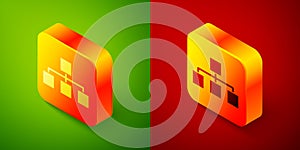 Isometric Business hierarchy organogram chart infographics icon isolated on green and red background. Corporate