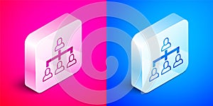 Isometric Business hierarchy organogram chart infographics icon isolated on pink and blue background. Corporate