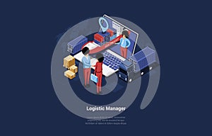 Isometric Business Illustration Of Logistic Manager Characters Shaking Hands Near Laptop, Cardboard Boxes, Truck, Ship