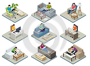 Isometric business man and woman working at home with laptop and papers on desk. Freelance or studying concept. Online