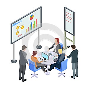 Isometric business meeting, businesspeople arguing vector illustration