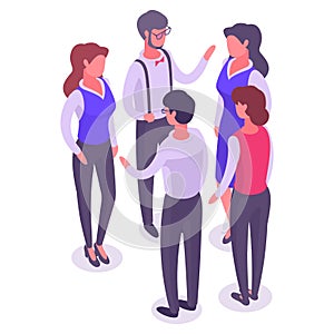 Isometric business meeting. Teamwork office people group. Office colleagues conversation 3d vector illustration