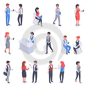 Isometric business office characters. Office team conversation, 3d business person workflow vector illustration on white