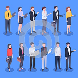 Isometric business office people. Bank employee, corporate businessman and businesswoman vector illustration set