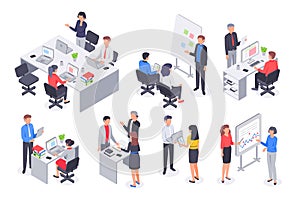 Isometric business office team. Corporate teamwork meeting, employee workplace and people work 3D vector illustration set