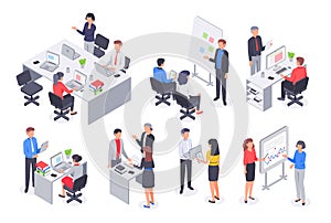 Isometric business office team. Corporate teamwork meeting, employee workplace and people work 3D vector illustration photo
