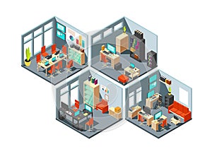 Isometric business offices with different workspaces. 3d vector office plan