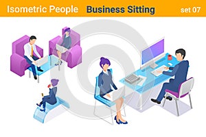 Isometric Business People flat vector collection. Businessman and Businesswoman sitting back and front poses