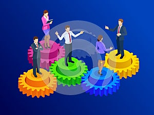 Isometric business people on gears, collaboration and teamwork concept
