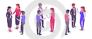 Isometric business people groups. Office colleagues conversation. Teamwork office male and female characters 3d vector