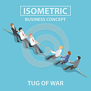 Isometric business people playing tug of war