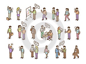 Isometric business people. Project management, company employees team. Isolated 3d adults, handshake, conversation and