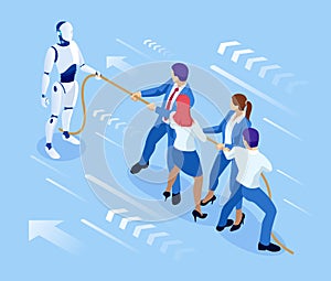 Isometric business people and robot fighting with artificial intelligence in suit pull the rope, competition, conflict