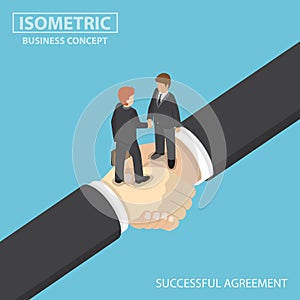 Isometric business people shaking hands on big handshake.