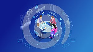 Isometric business people talking conference meeting room. Team work process. Business management teamwork meeting