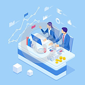 Isometric business people talking conference meeting room. Team work process. Business management teamwork meeting and