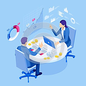 Isometric business people talking conference meeting room. Team work process. Business management teamwork meeting and