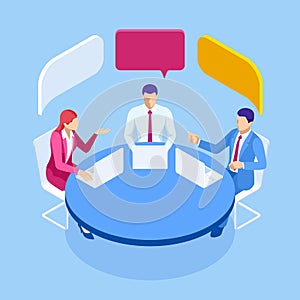 Isometric business people talking conference meeting room. Team work process. Business management teamwork meeting and