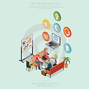 Isometric Business People Teamwork Meeting in office, share idea, infographic vector design Set J