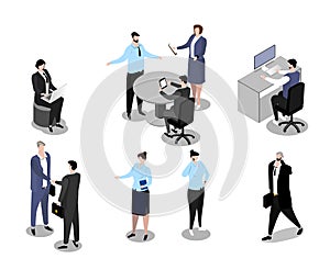 Isometric business people vector illustration, cartoon 3d man woman employee character in office professional work poses