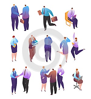 Isometric business people vector illustration, cartoon 3d man woman employee character in office professional work poses