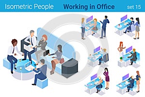 Isometric Business People at Workplaces in Office flat vector collection