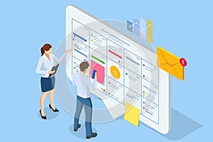 Isometric Business Project Management System. Project manager updating tasks and milestones progress planning. Digital