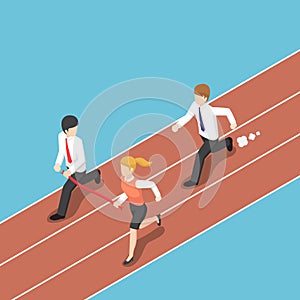 Isometric business rival hold finish line away from businessman.