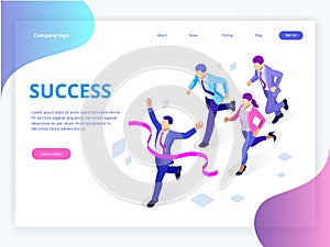 Isometric Business Success Concept. Entrepreneur business man leader. Businessman and his business team crossing finish