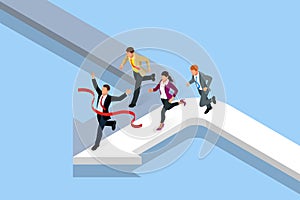 Isometric Business Success. Entrepreneur business man leader. Businessman and his business team crossing finish line and