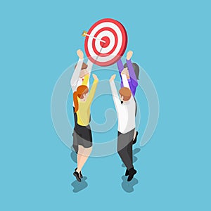 Isometric business team holding target with arrow in the center