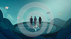 Isometric Business Team Navigating a Compass for Strategic Planning